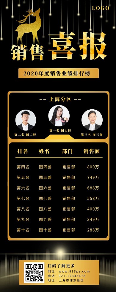 销售喜报长图3人黑色金色大气