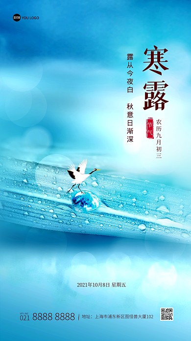 寒露传统节气蓝色大气露珠摄影图海报