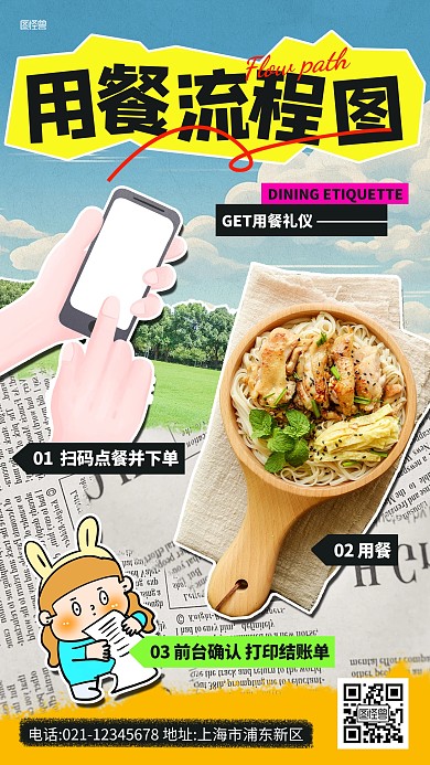 餐饮店用餐流程拼贴海报