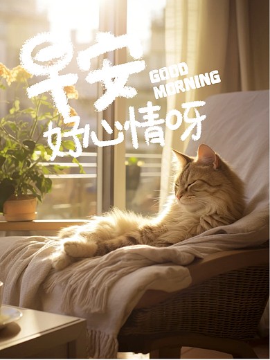 早安猫咪宠物手写字效果模板
