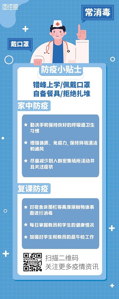 防疫小贴士蓝色公益宣传简约营销长图