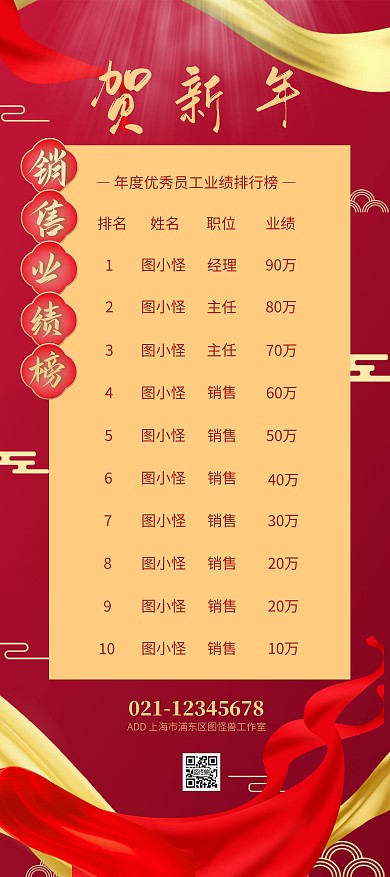 红色简约风销售业绩排行榜展架