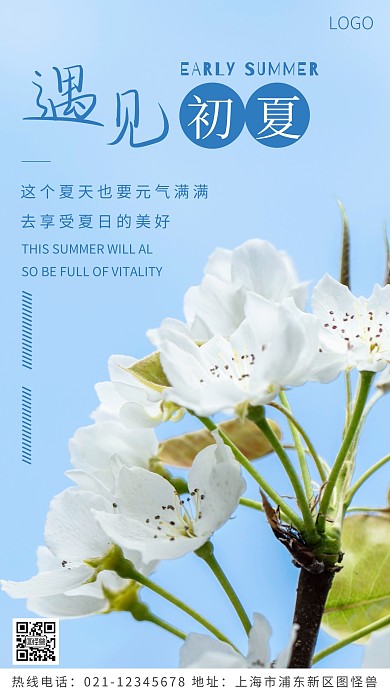 遇见初夏蓝色简约风摄影图海报