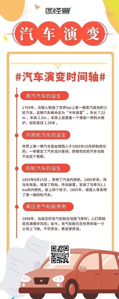 红色简约扁平风汽车演变时间轴营销长图