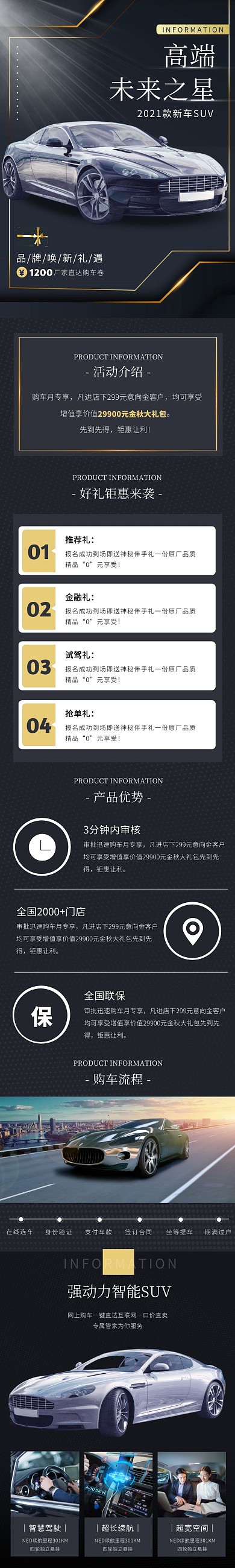 购车好礼高端简约深蓝色汽车详情页