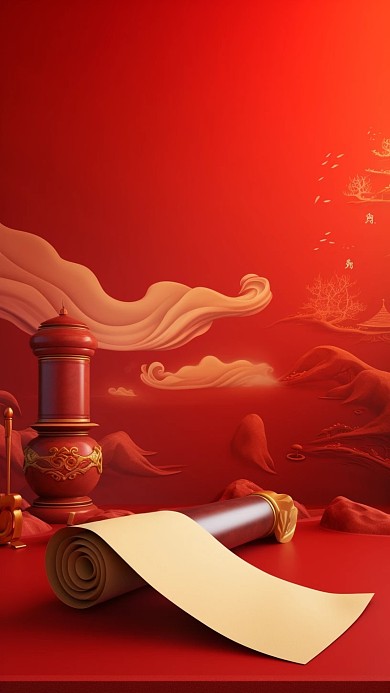 质感风格红色烛台祥云丝绸宣传3D背景