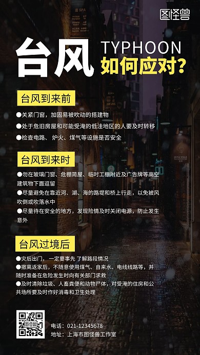 黑白文艺台风注意事项预警雨伞竖版海报