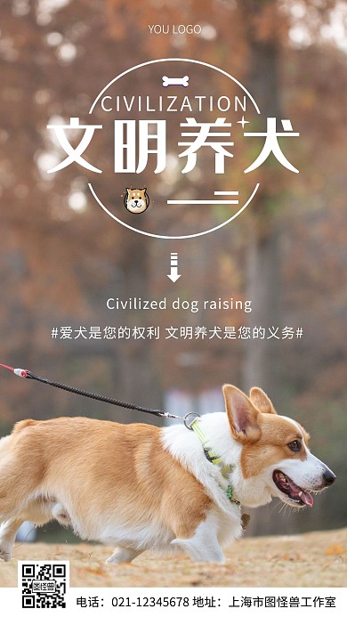 公益环保文明养犬白色简约风摄影图海报