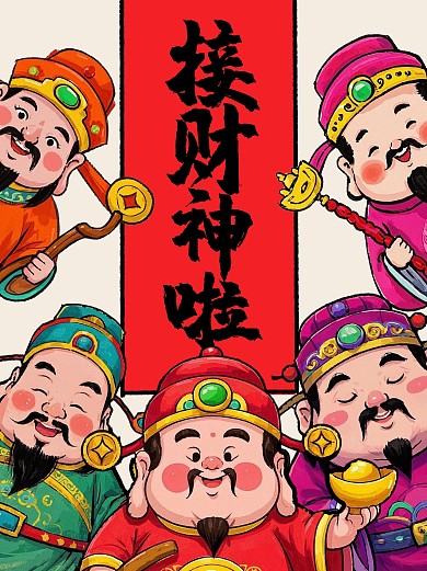 趣味插画迎财神小红书封面