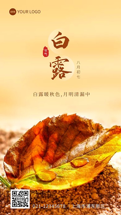 白露节气问候祝福树叶摄影图海报
