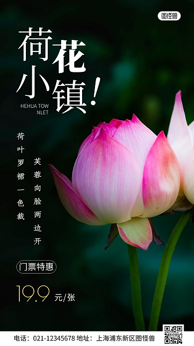 简约风荷花小镇门票特惠摄影图海报