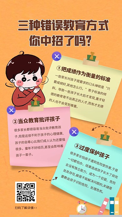 简约黄色几何卡通错误的教育方式手机海报