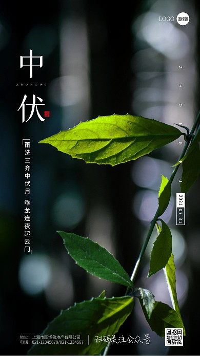 摄影风简约大气中伏节气宣传日签设计