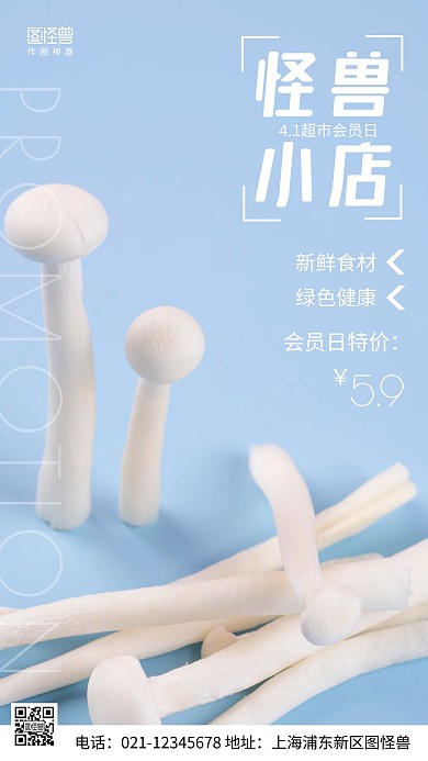 摄影图超市会员日蓝色简约风手机海报