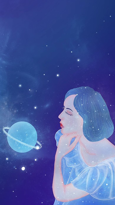 梦幻星空女孩晚安日签插画背景