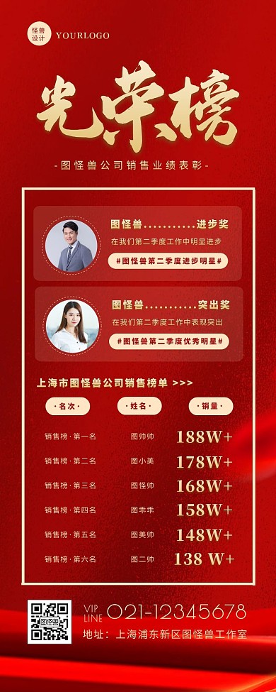 红色喜庆简约公司销售业绩荣誉榜营销长图