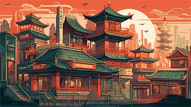 卡通风格横板插画风城市建筑古建筑手机海报背景