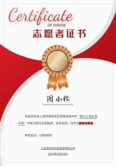 红色灰色简约几何优秀志愿者证书模板