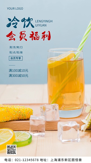 摄影图会员专属优惠蓝色简约风手机海报