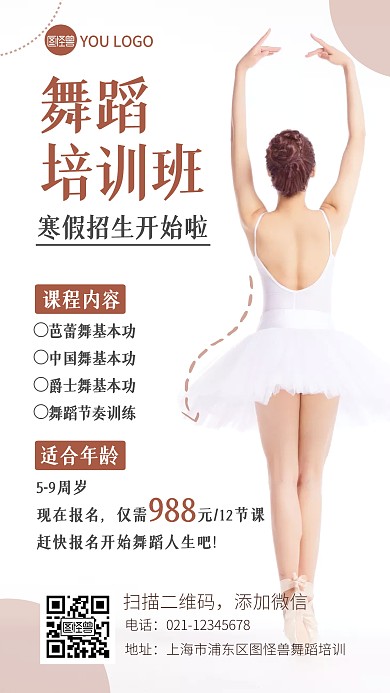 小清新芭蕾舞蹈艺术培训班寒假招生手机海报