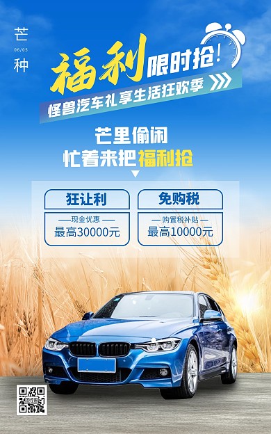 芒种节气汽车促销小麦电商竖版海报