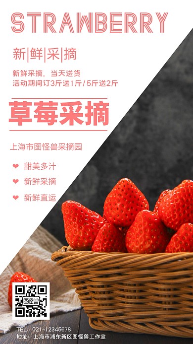 草莓采摘简约风格宣传手机海报