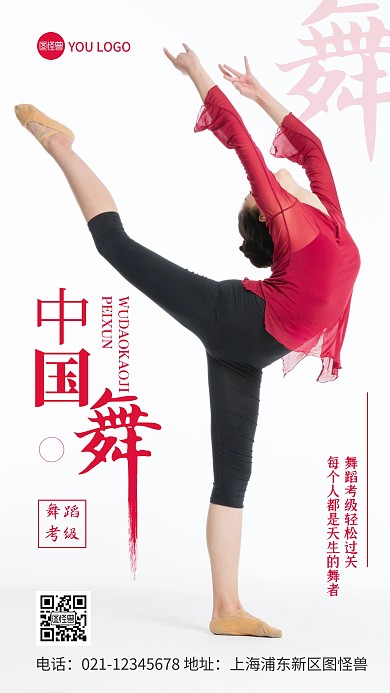 简约风红色中国舞舞蹈考级摄影图手机海报