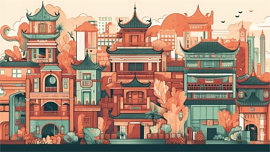 卡通风格横板插画风城市建筑古建筑手机海报背景