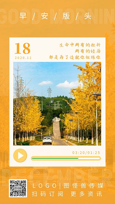 黄色简约风景摄影银杏街道早安励志版头日签