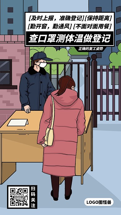 监测体温正确的复工姿势疫情漫画海报