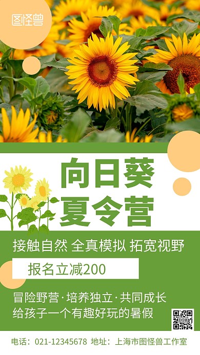 绿色简约大气几何夏令营 向日葵海报