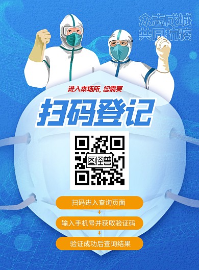 全国疫情扫码通报登记蓝色印刷海报
