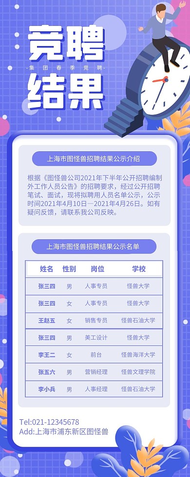 蓝色简约竞聘结果公示营销长图