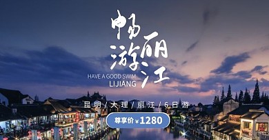 畅游丽江昆明大理丽江简约紫色电商横版海报