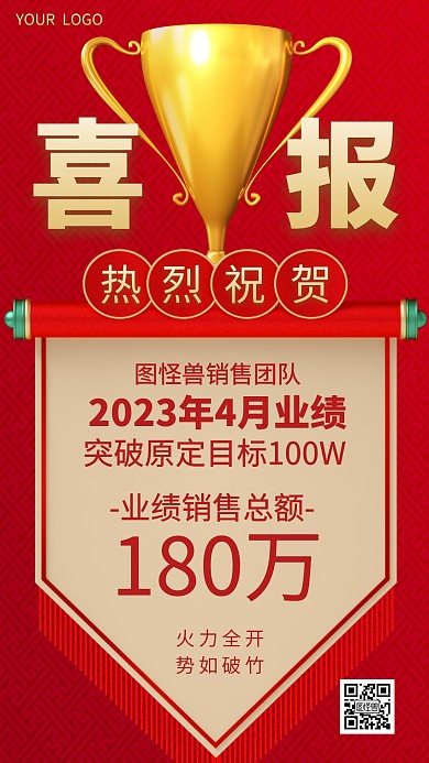 喜报销售业绩红色3D海报