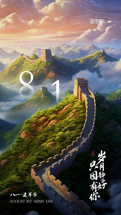 81建军节宣传长城摄影AIGC手机海报