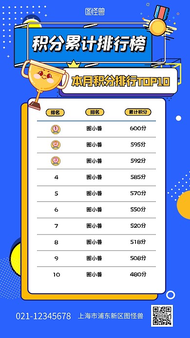 积分累计排行榜表彰卡通风格手机海报