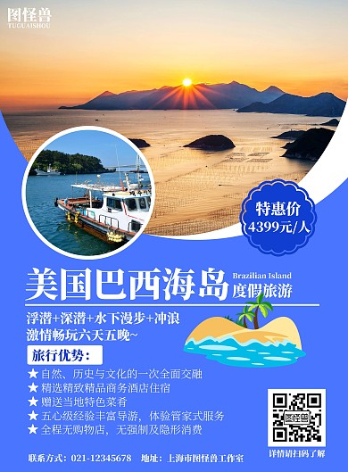 简约简洁蓝色文字美国巴西海岛旅游宣传海报