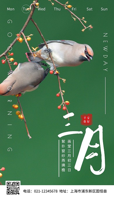 简约摄影绿色清新早安三月美好生活诗句日签