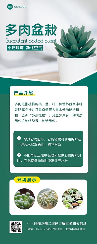多肉盆栽绿色简约大气植物营销长图