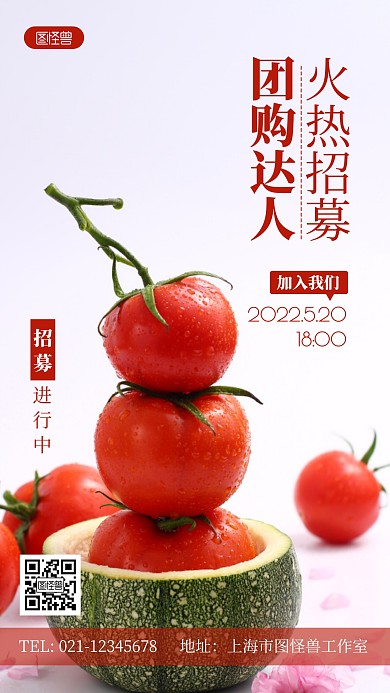 团购达人招募进行中红色宣传简约摄影图海报