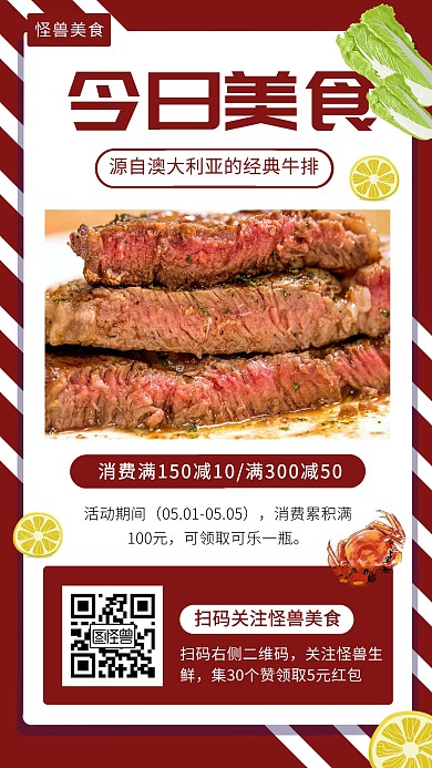今日美食推荐牛排创意促销手机海报