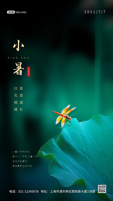 小暑节气绿色荷叶蜻蜓质感大气摄影图海报