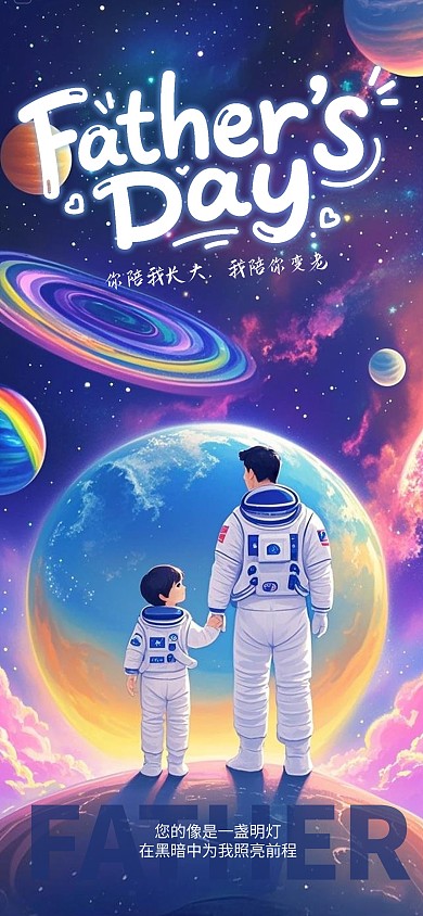 梦幻风父亲节宇航员父子节日祝福海报