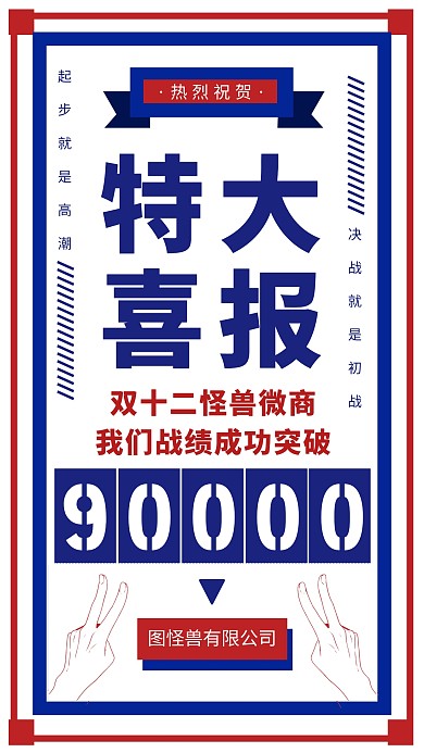 创意复古蓝色红色微商双十二战绩喜报海报