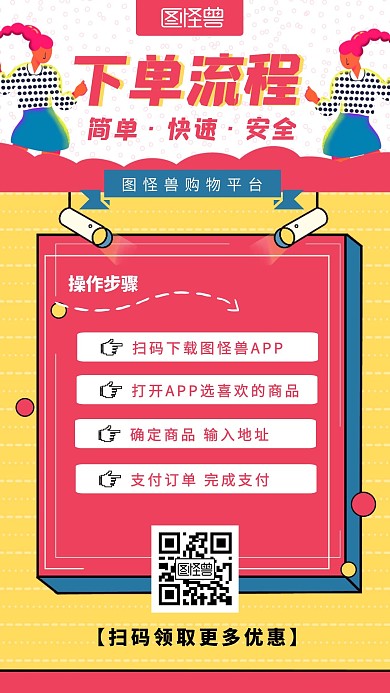 简约卡通风购物APP下单流程宣传手机海报
