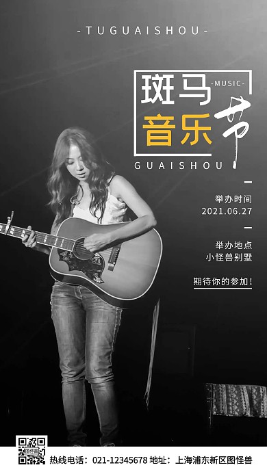 斑马音乐节白色简约风手机海报