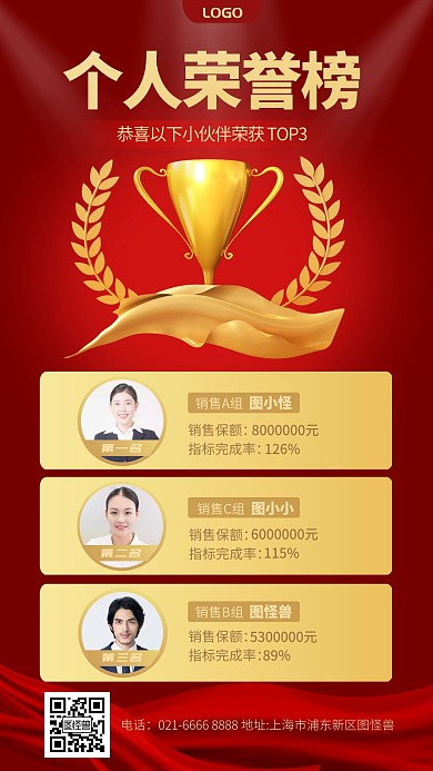 个人荣誉榜销售业绩红金手机海报