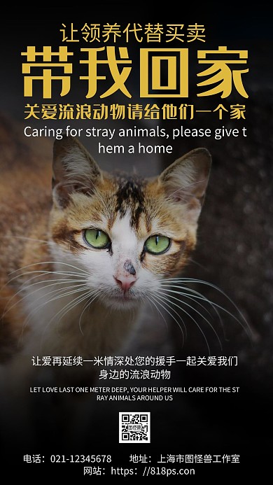 黑色简约背景关爱小动物海报