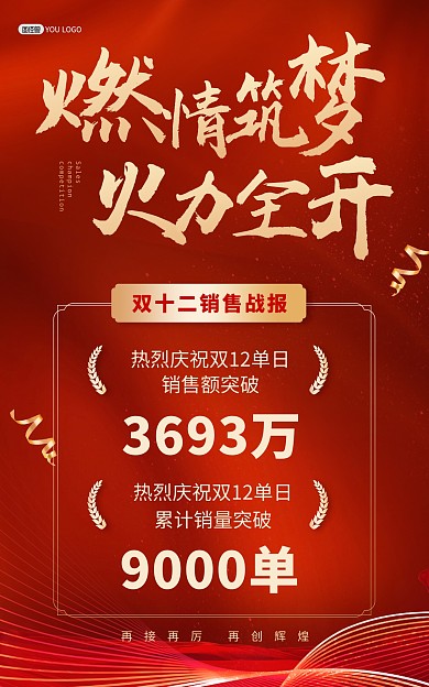 原创双十二年终盛典喜报战报红色竖版海报